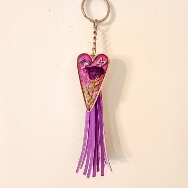 Purple Blossom Heart Bag Charm | Pressed Flower Resin Charm