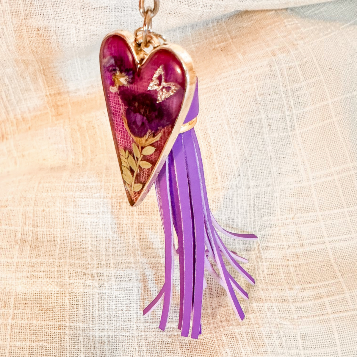 Purple Blossom Heart Bag Charm | Pressed Flower Resin Charm