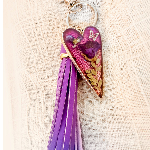 Purple Blossom Heart Bag Charm | Pressed Flower Resin Charm
