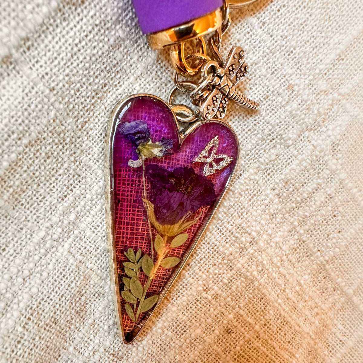 Purple Blossom Heart Bag Charm | Pressed Flower Resin Charm