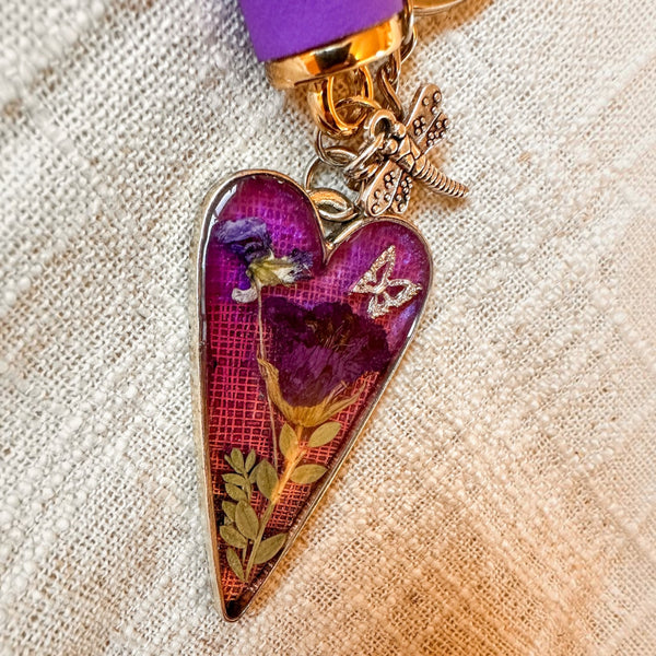 Purple Blossom Heart Bag Charm | Pressed Flower Resin Charm