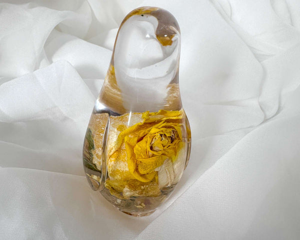 Golden Songbird - Handmade Yellow Rose Bloom Resin Bird Sculpture