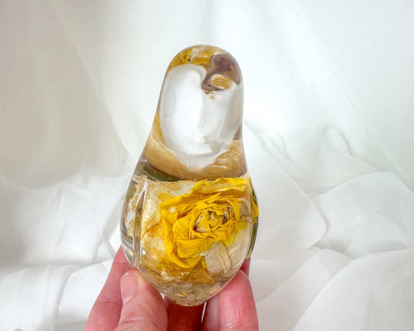 Golden Songbird - Handmade Yellow Rose Bloom Resin Bird Sculpture