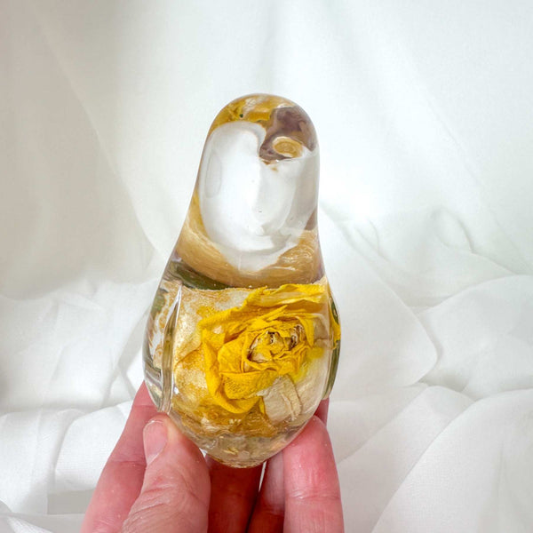 Golden Songbird - Handmade Yellow Rose Bloom Resin Bird Sculpture