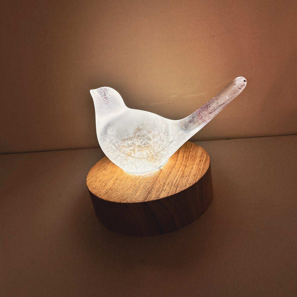 Glow in the Dark Resin Bird, milky white with violet glitter, real dandelion puff and wooden LED light base