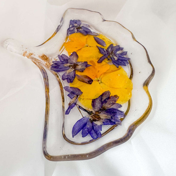 Pansy Petal Ginkgo Tray - Handmade Pressed Flower Resin Ginkgo Tray