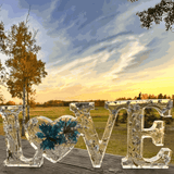 forget me not resin love sign in clear resin with blue flowers, silver leaf, and heart-shaped O centerpiece