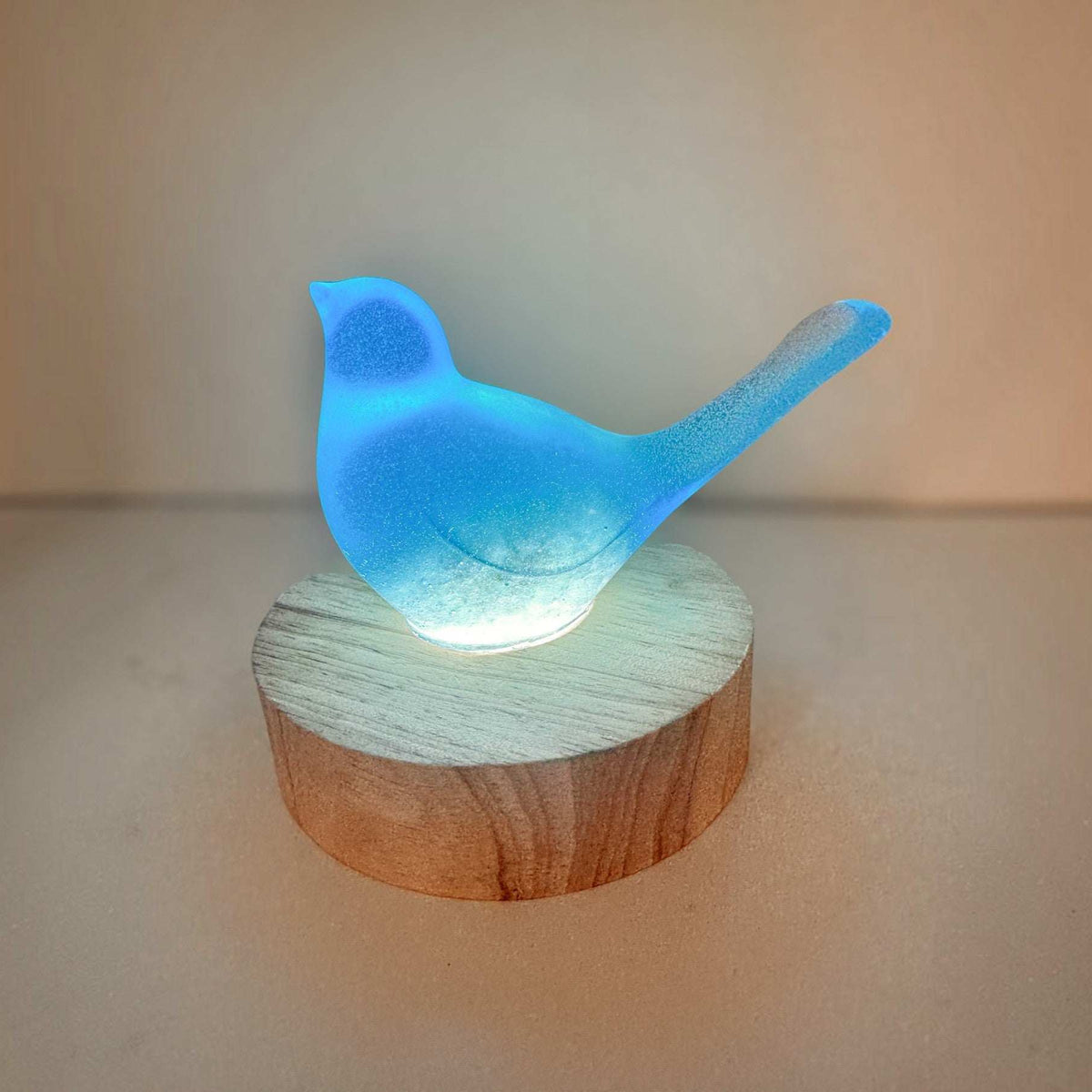 Teal glow resin bird decor on a wooden LED base, glowing aqua with a smooth sculpted silhouette and raised tail