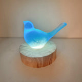 Teal glow resin bird decor on a wooden LED base, glowing aqua with a smooth sculpted silhouette and raised tail