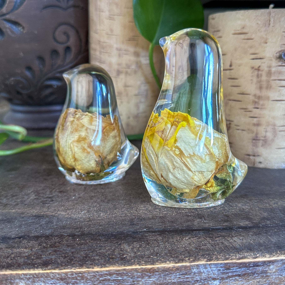 Golden Songbird - Handmade Yellow Rose Bloom Resin Bird Sculpture