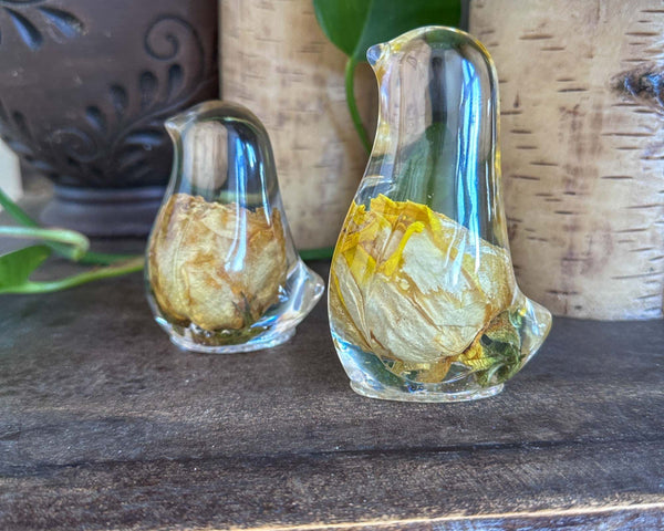 Golden Songbird - Handmade Yellow Rose Bloom Resin Bird Sculpture