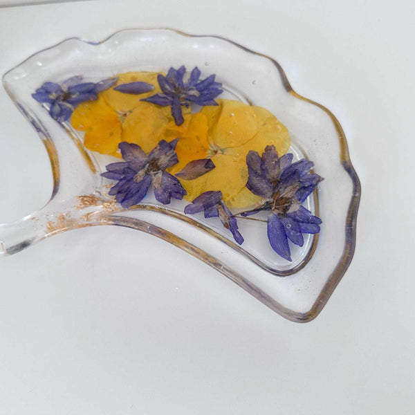 Pansy Petal Ginkgo Tray - Handmade Pressed Flower Resin Ginkgo Tray