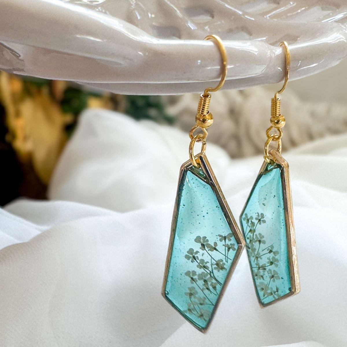 Handmade Blossom Earrings - Seafoam Garden Earrings with Real Flowers