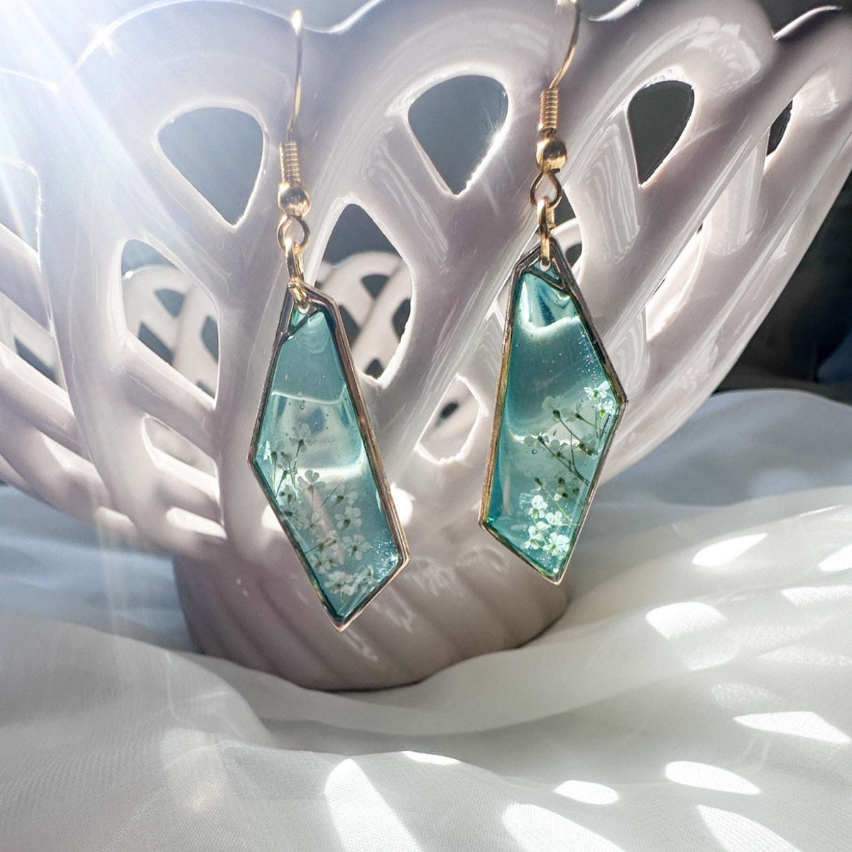 Handmade Blossom Earrings - Seafoam Garden Earrings with Real Flowers