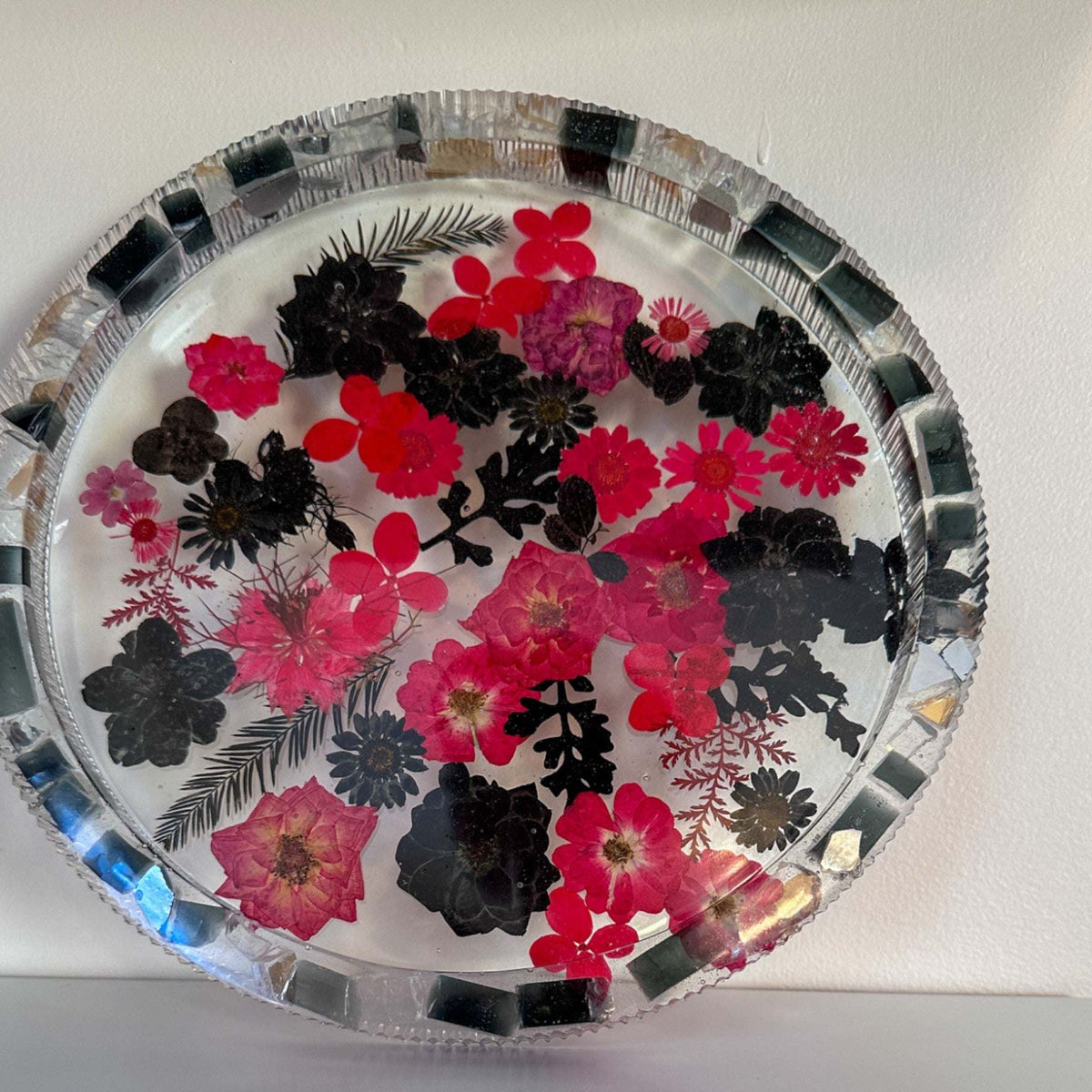 Midnight Bloom Resin Tray - Handcrafted Pressed Flower Tray Decor