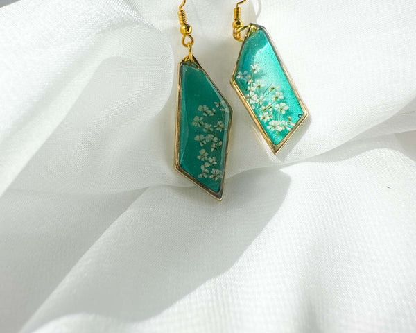 Handmade Blossom Earrings - Seafoam Garden Earrings with Real Flowers