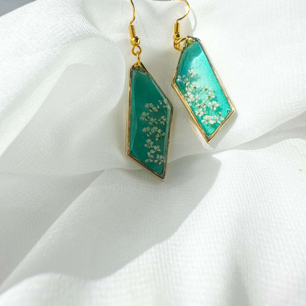 Handmade Blossom Earrings - Seafoam Garden Earrings with Real Flowers