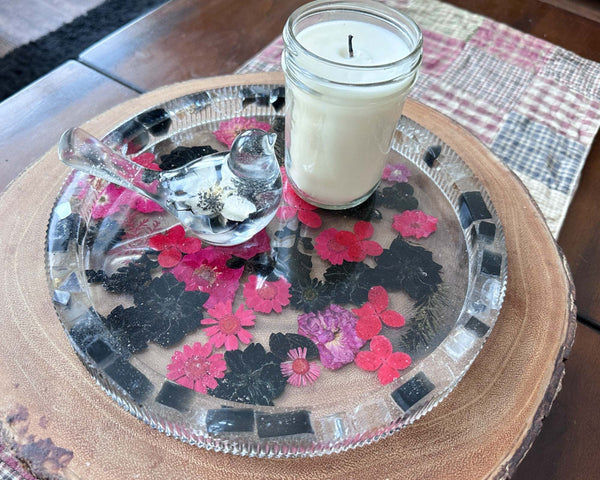 Midnight Bloom Resin Tray - Handcrafted Pressed Flower Tray Decor