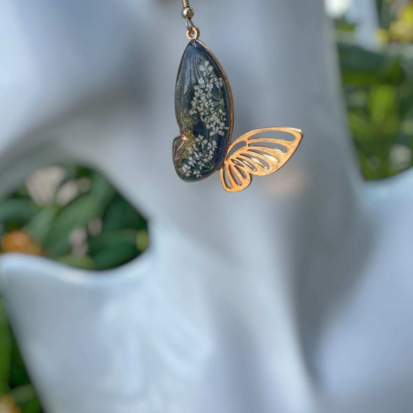 Earring Midnight Blossom Butterfly Handmade Pressed Flower Accessory