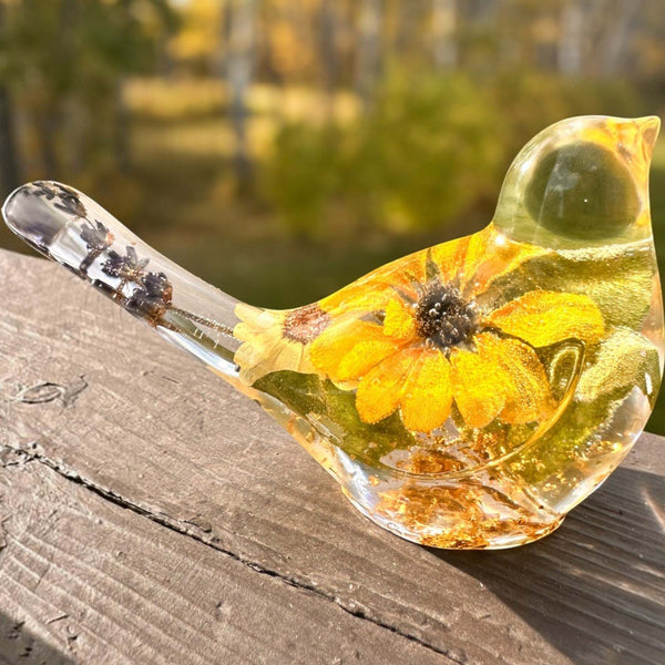 Sunflower Songbird bird decor in clear resin, featuring vivid yellow blooms, lavender in the tail, and gold leaf accents.