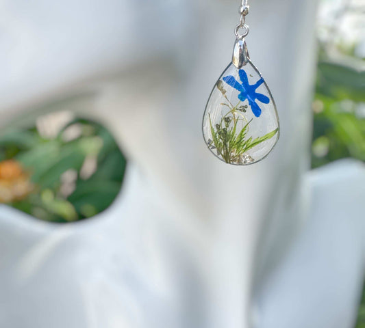 Enchanted Dragonfly Garden Earrings - Handmade Pressed Flower Teardrops