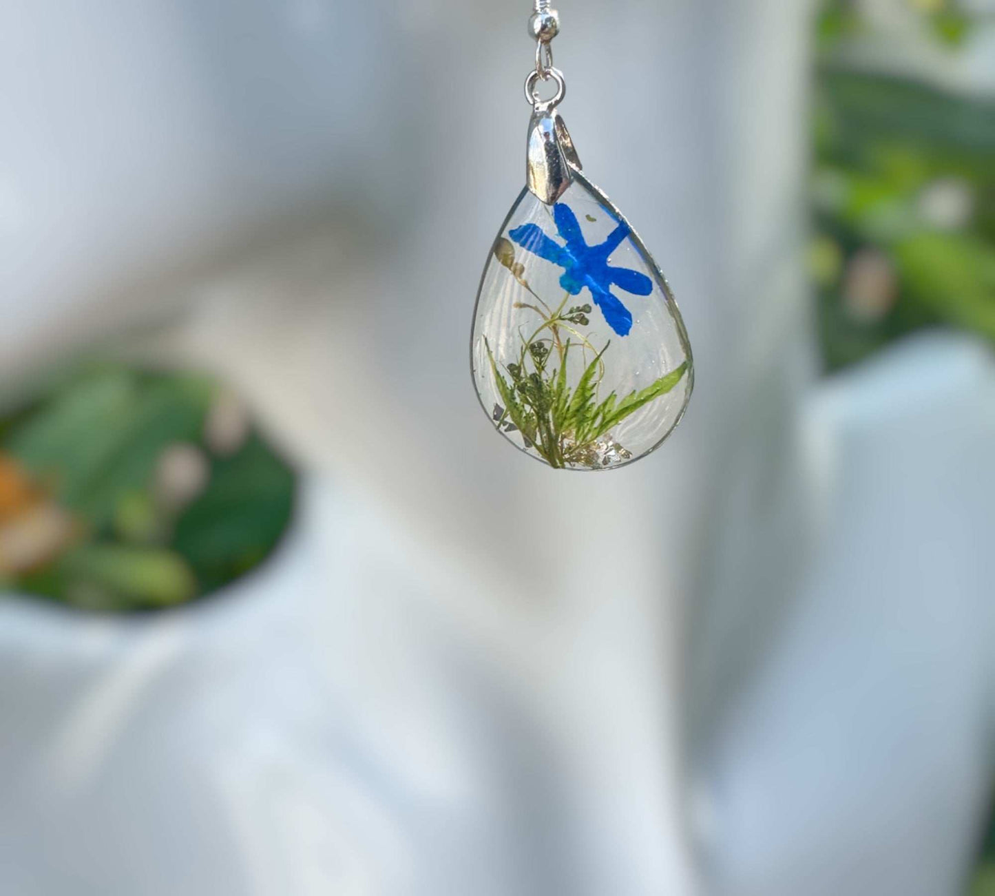 Enchanted Dragonfly Garden Earrings - Handmade Pressed Flower Teardrops