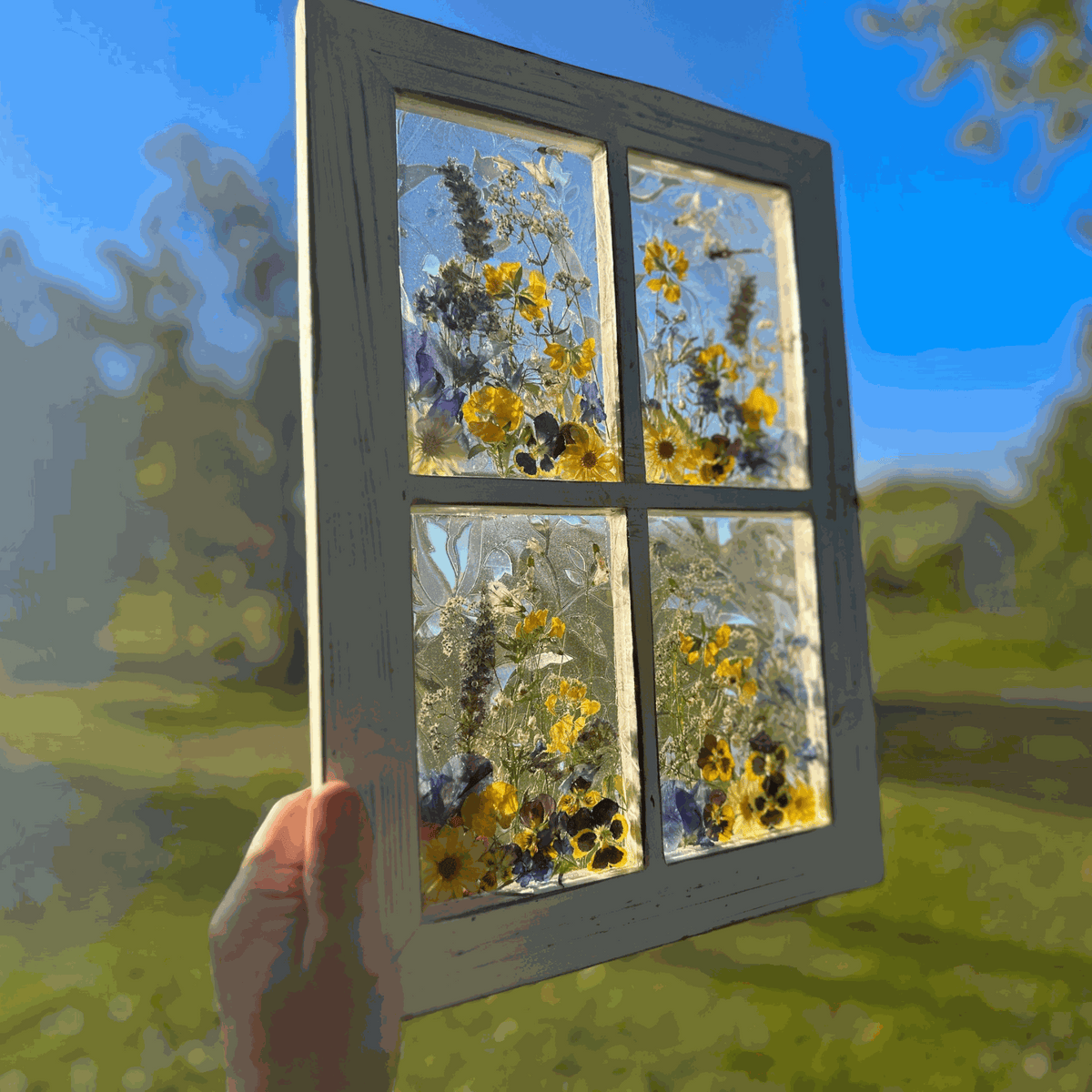 Pressed Flower Window Frame with four resin panes of yellow and purple wildflowers in a distressed white wood frame.