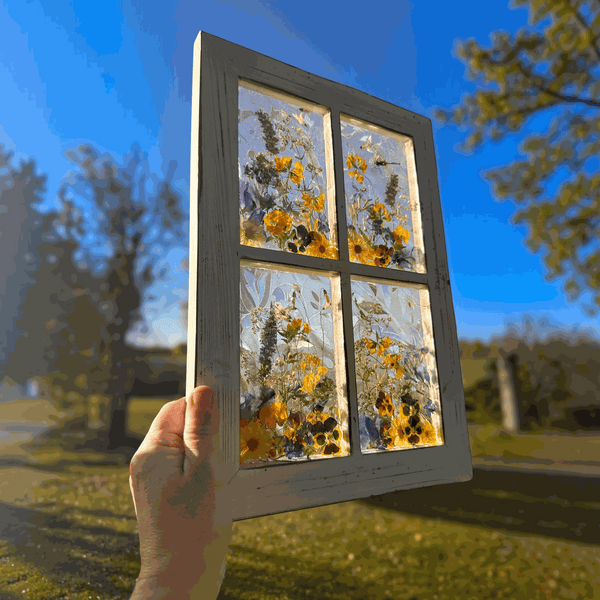 Pressed Flower Window Frame wall art in distressed white wood, with four clear resin panes of golden dried flowers and greenery.