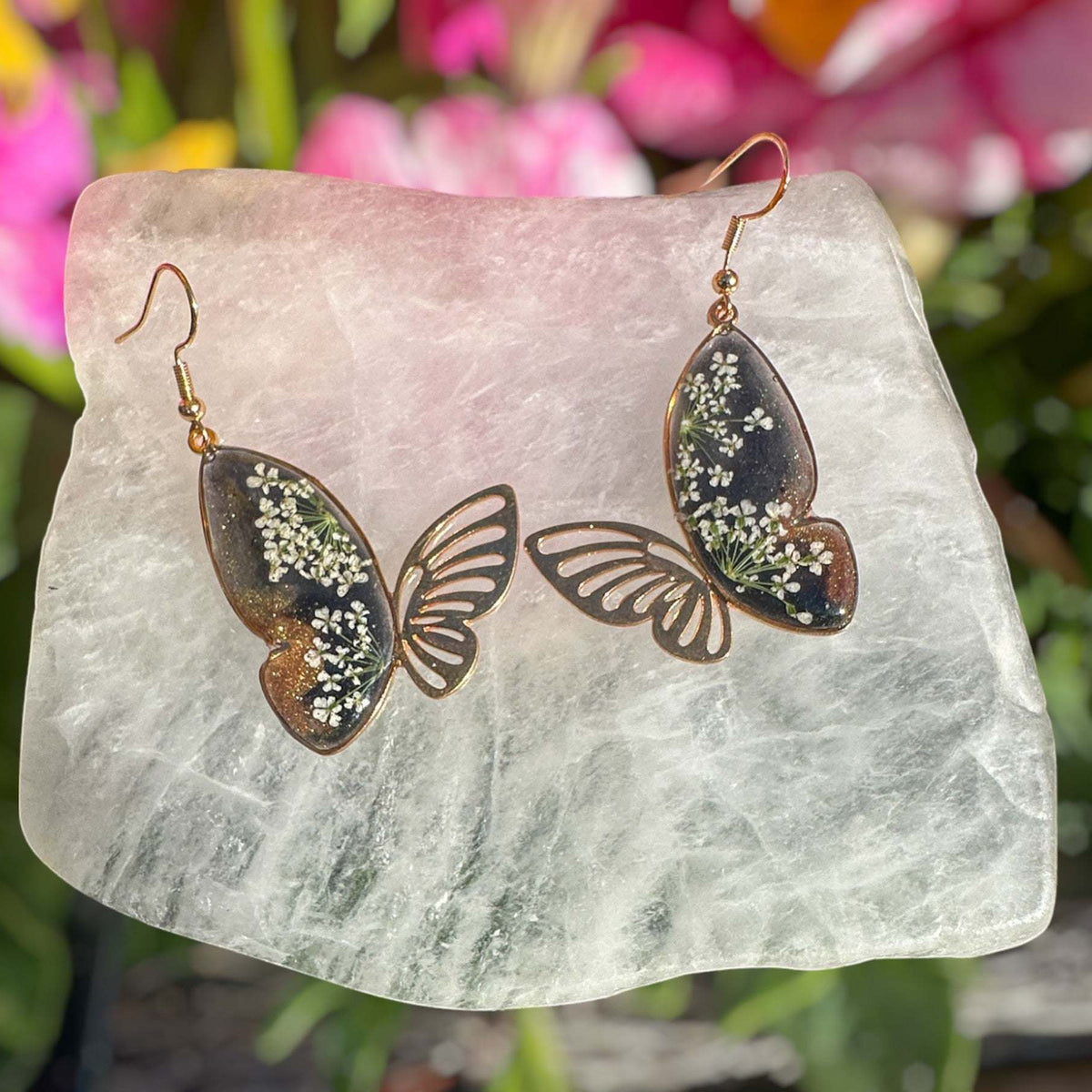 Earring Midnight Blossom Butterfly Handmade Pressed Flower Accessory