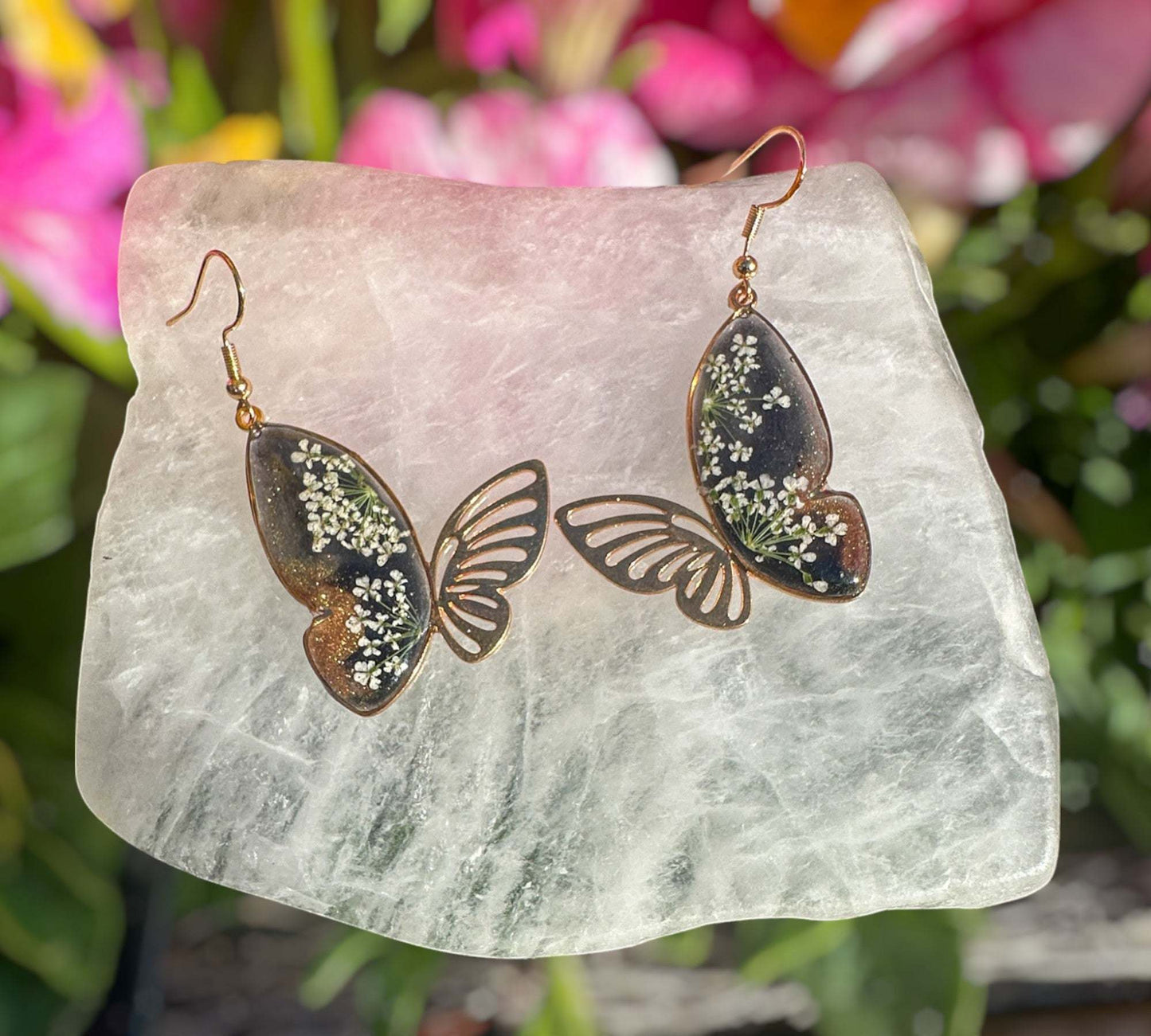 Earring Midnight Blossom Butterfly Handmade Pressed Flower Accessory