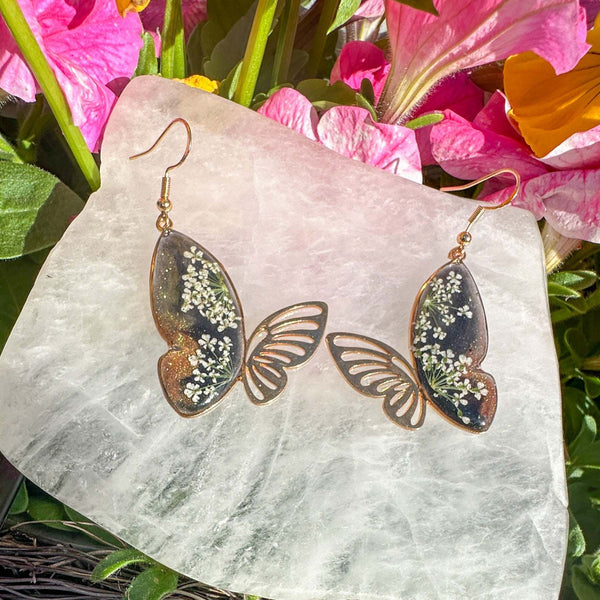 Earring Midnight Blossom Butterfly Handmade Pressed Flower