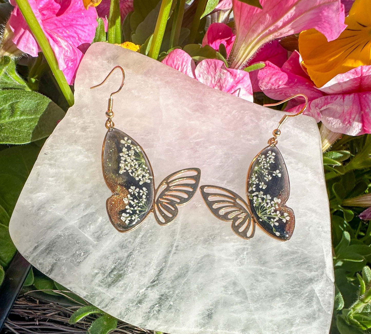 Earring Midnight Blossom Butterfly Handmade Pressed Flower Accessory