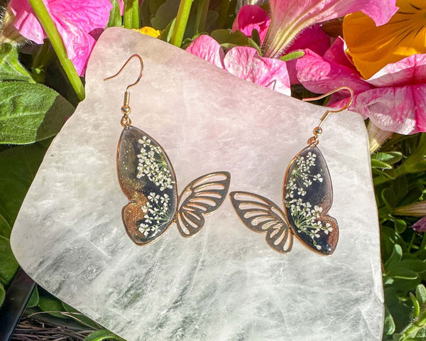 Earring Midnight Blossom Butterfly Handmade Pressed Flower Accessory