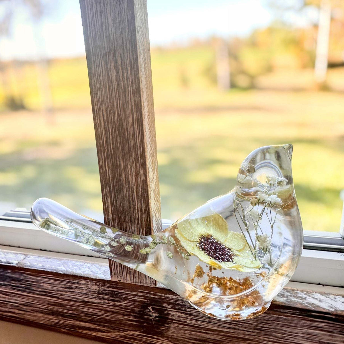 Sunflower Sunny Songbird - Handmade Pressed Flower Resin Bird Decor