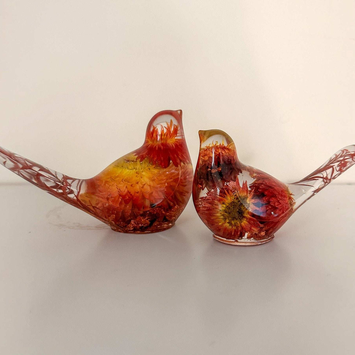 Copper Ember Strawflower Duo | Copper Strawflower Resin Bird Pair