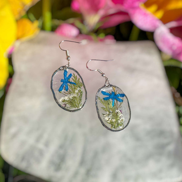 Enchanted Dragonfly Garden Earrings - Handmade Pressed Flower Earrings