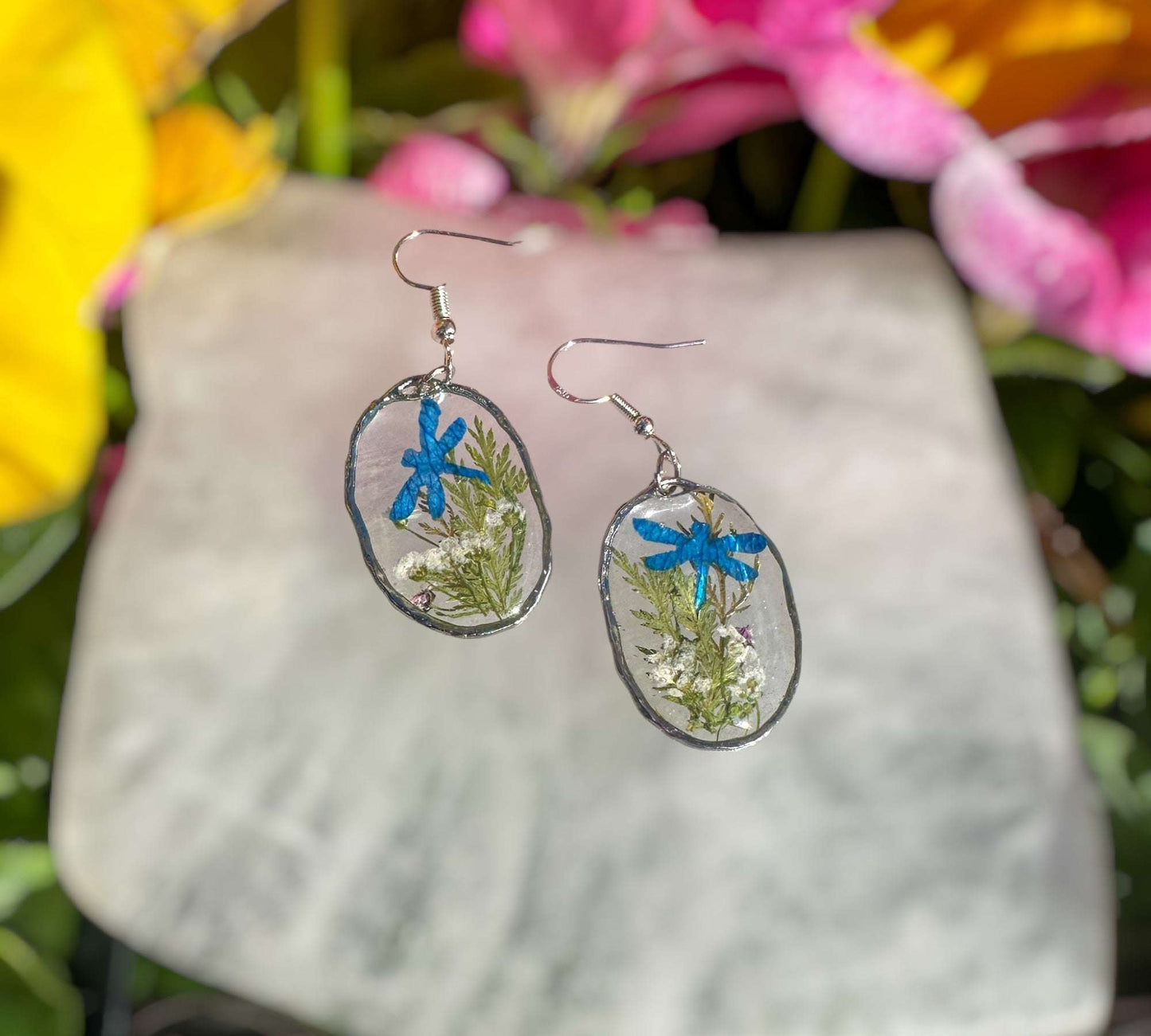 Enchanted Dragonfly Garden Earrings - Handmade Pressed Flower Earrings