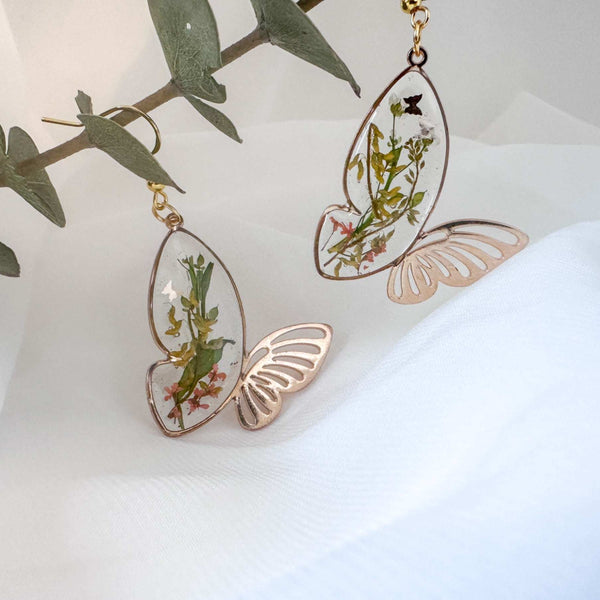 Fluttering Blossom Earrings - Handmade Botanical Resin Butterflies