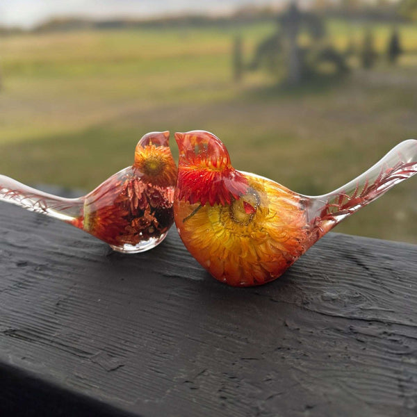Copper Ember Strawflower Duo | Copper Strawflower Resin Bird Pair