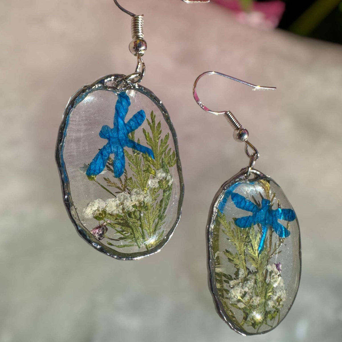 Enchanted Dragonfly Garden Earrings - Handmade Pressed Flower Earrings