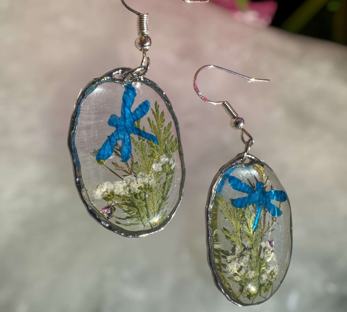 Enchanted Dragonfly Garden Earrings - Handmade Pressed Flower Earrings