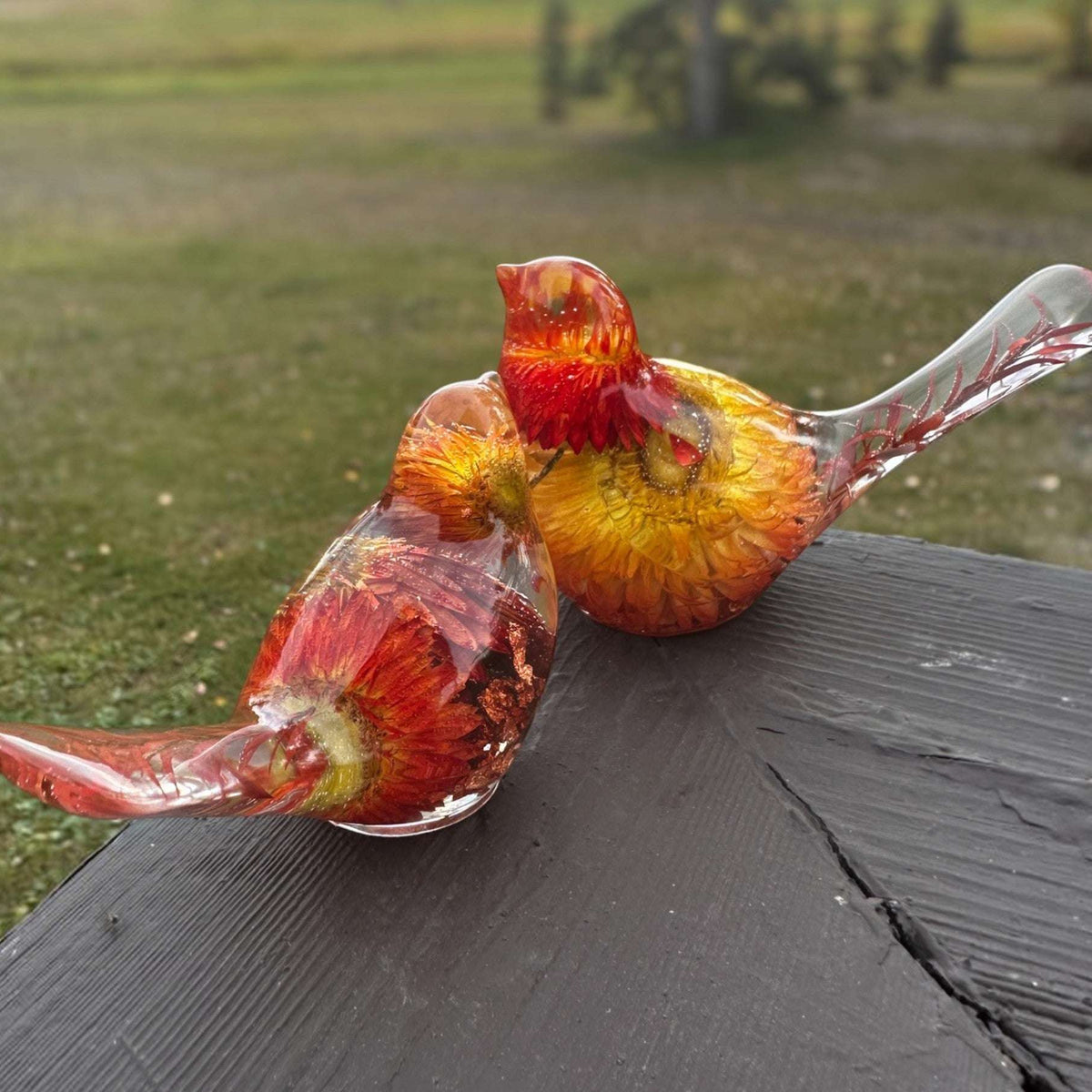 Copper Ember Strawflower Duo | Copper Strawflower Resin Bird Pair