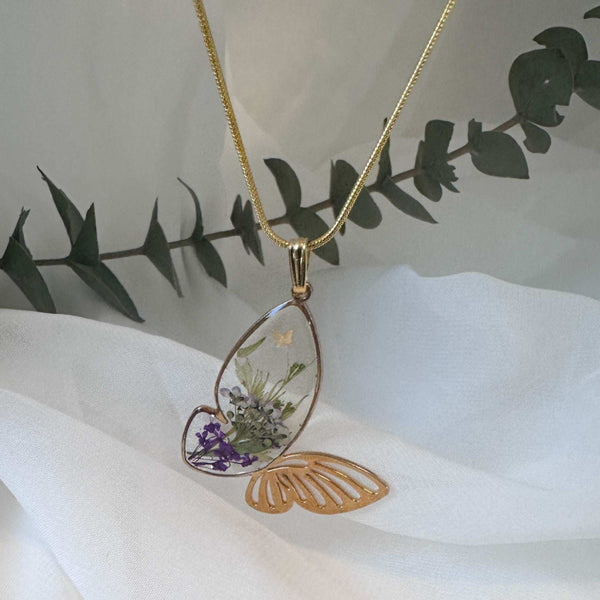 Butterfly Garden Necklace - Handmade Botanical Resin Butterlfy Pendant