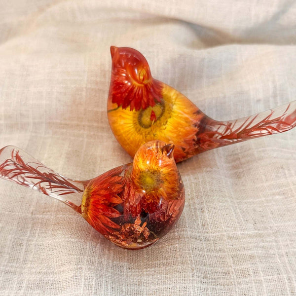 Copper Ember Strawflower Duo | Copper Strawflower Resin Bird Pair