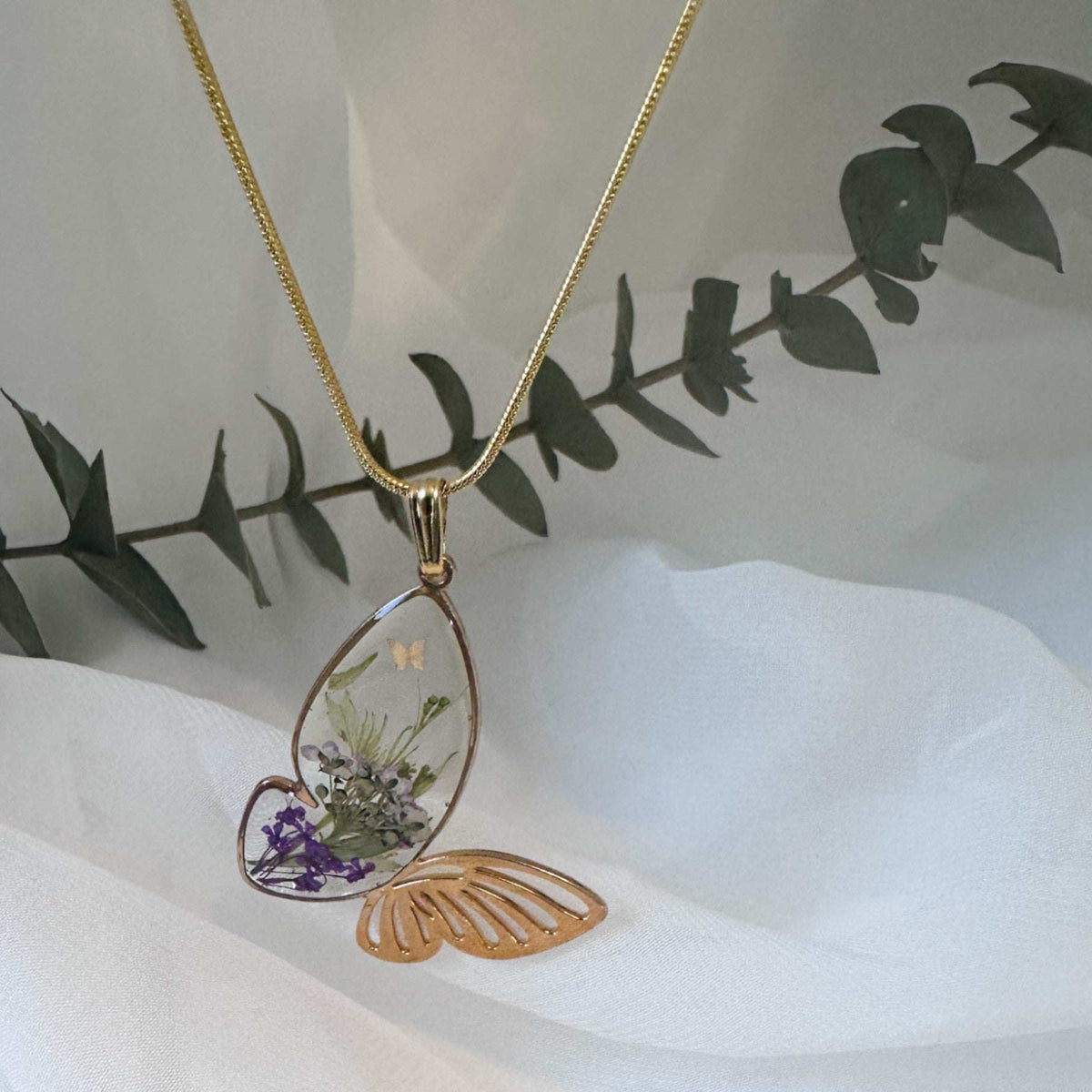 Butterfly Garden Necklace - Handmade Botanical Resin Butterlfy Pendant