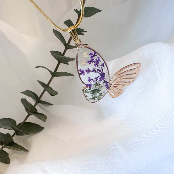 Butterfly Garden Necklace - Handmade Botanical Resin Butterlfy Pendant