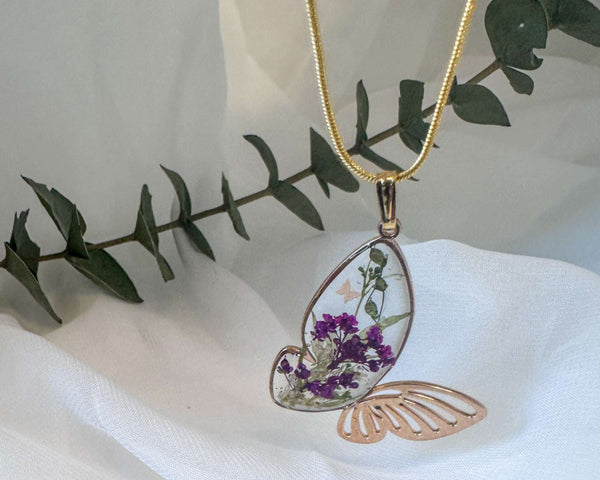 Butterfly Garden Necklace - Handmade Botanical Resin Butterlfy Pendant