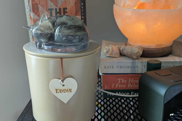 Decorative container with a heart-shaped tag labeled 'Eddie' on a surface with books and a salt lamp.