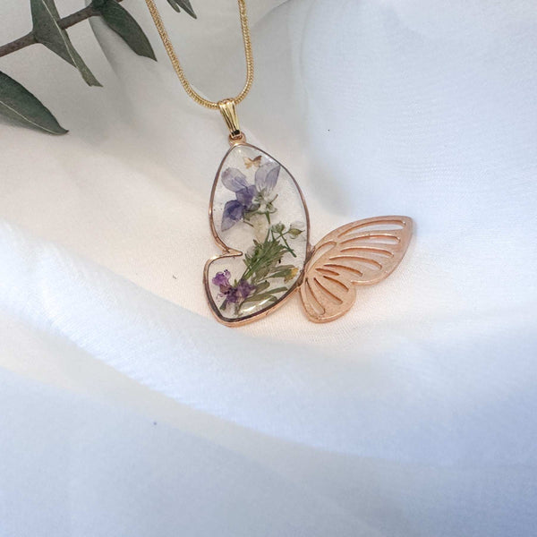 Butterfly Garden Necklace - Handmade Botanical Resin Butterlfy Pendant