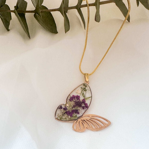 Butterfly Garden Necklace - Handmade Botanical Resin Butterlfy Pendant